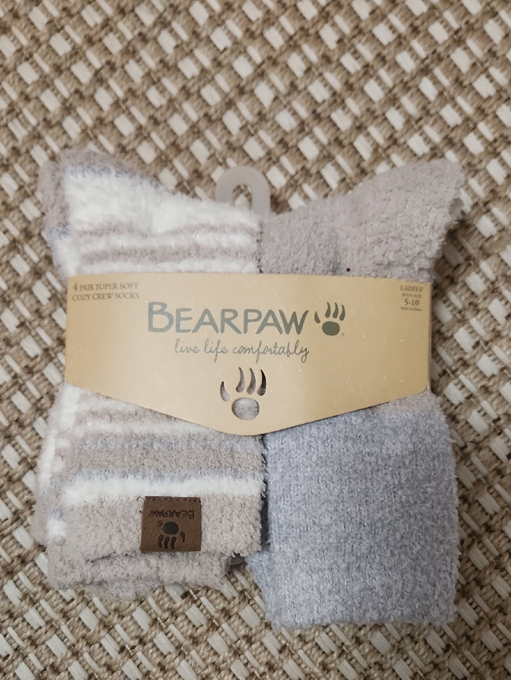 BearPaw Cozy Crew Socks - Taupe, Cream & Light Gray (4-Pack)